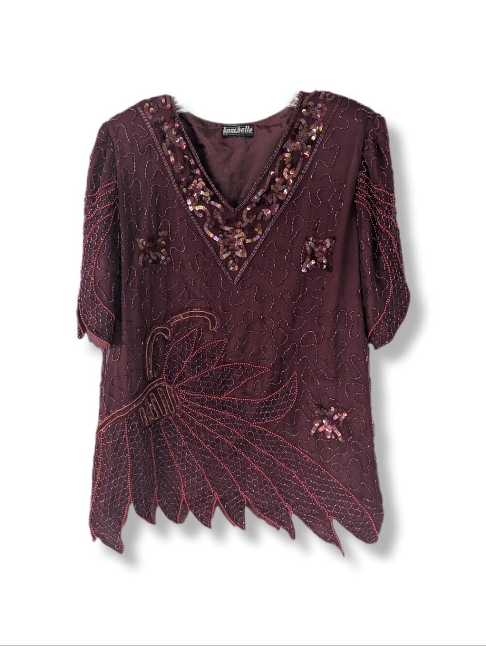 Vintage 80's Annabelle Maroon Burgundy Beaded Silk Shoulder Pad Party Blouse